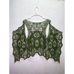 Olive Green Crochet Lace Butterfly Vest Whimsigoth Open Front Boho Forest Fairy